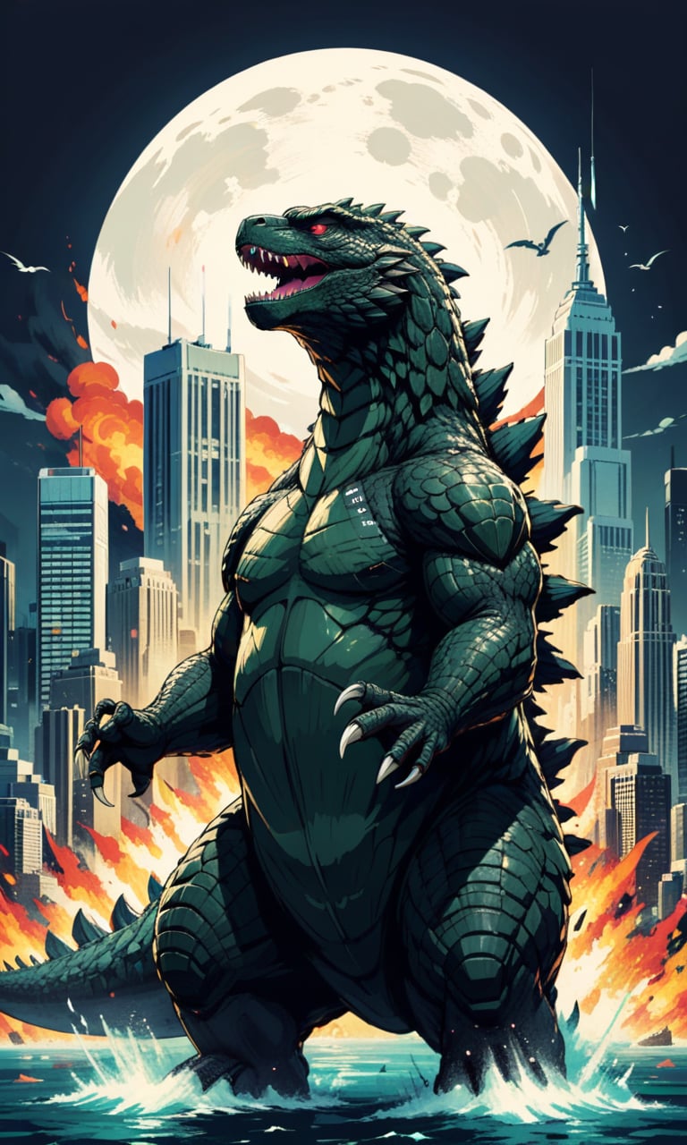 4n1v3rs3, zPDXL2, ((vector style)), ((graphic design style)), stylized, vector, Godzilla, (Tokyo background), stylized, vector, white background