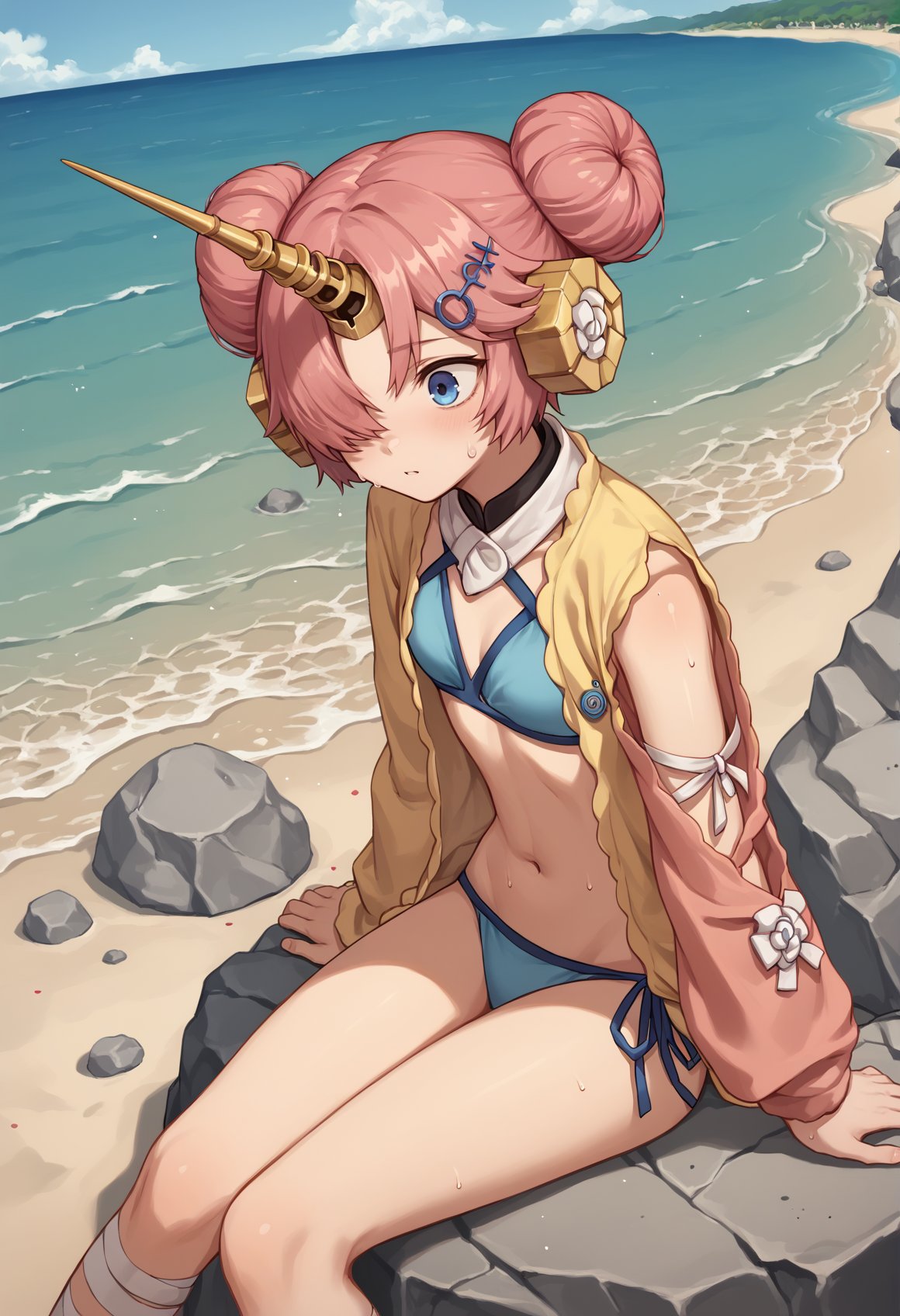 pink hair, hair bun, double bun, heterochromia, blue eyes, yellow eyes, hair over one eye, single horn, mechanical horn, hair ornament, hairpin, bandages, flower, blue bikini, asymmetrical sleeves, jacket, sweat, oudtoors, beach, sitting, rock <lora:Fran:1>, score_9, score_8_up, score_7_up, score_6_up, score_5_up, score_4_up, BREAK source_anime, masterpiece