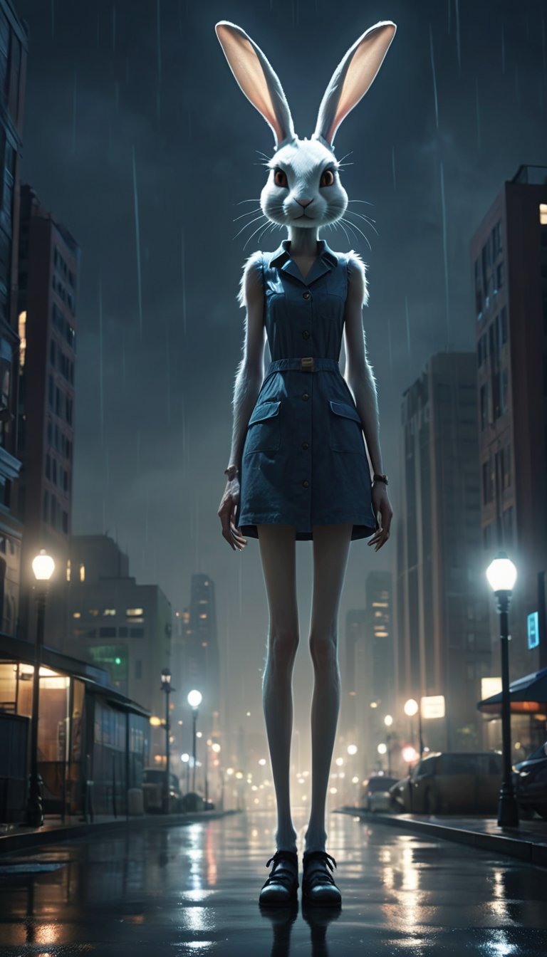 lighting,raining,thunder,(A giant monster rabbit,have extremely slim bodyshape,with extremely long and thin legs),as slim as sticks,huge rabbit,oversized,abnormally long legs,standing among low city buildings,city line,sky line,night,clouds,night,horrible shadow,fuzzylines,sketch,fluffy,a cute girl,Porta 160 color,shot on ARRI ALEXA 65,bokeh,sharp focus on subject,highest details,photorealistic,high background details,fog,high face details,8k,raytracing,