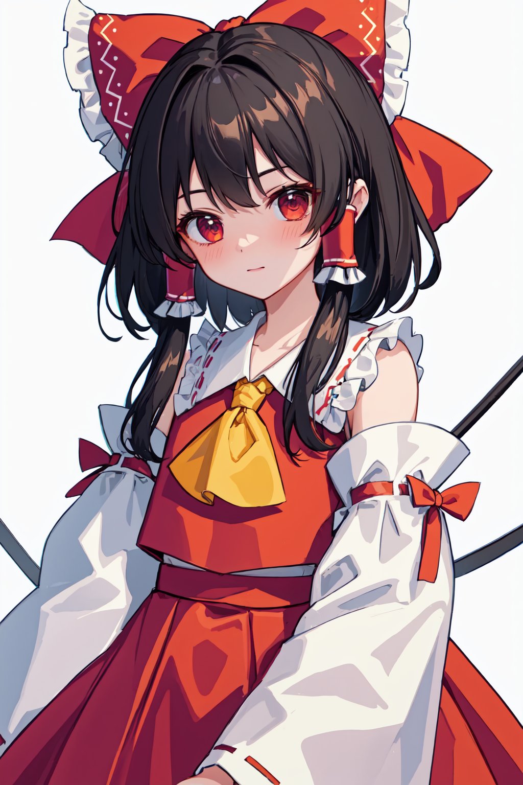 hakurei_reimu,1girl,hair_bow,red_bow,detached_sleeves,solo,hair_tubes,simple_background,looking_at_viewer,frilled_bow,red_skirt,sidelocks,wide_sleeves,bare_shoulders,blush,yellow_ascot,ribbon-trimmed_sleeves<lora:hakurei_reimu:1>,simple background,white backgroundmasterpiece,best quality, highly detailed, 