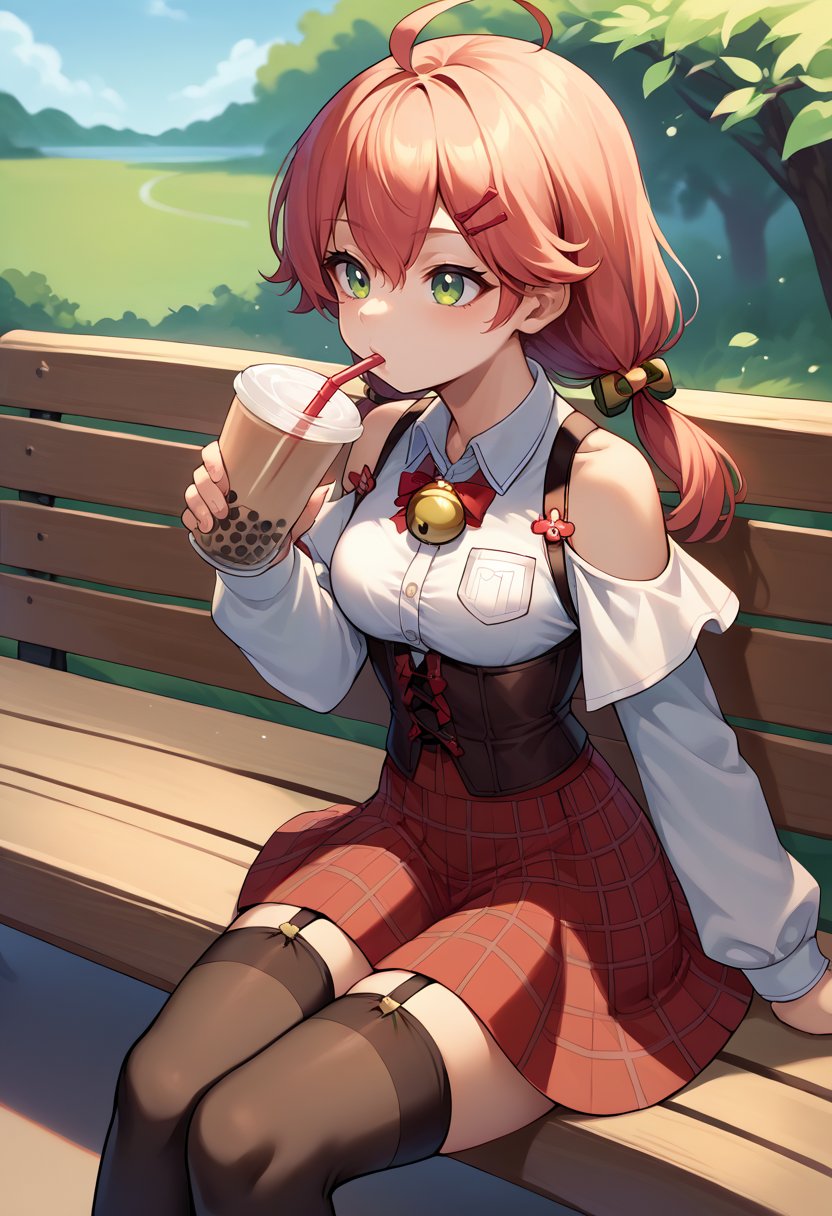 score_9, score_8_up, source_anime, 1girl, solo, MikoCasual, ahoge, low twintails, jingle bell, collared shirt, corset, red skirt, plaid skirt, black thighhighs, garter straps, bow, shoulder cutout, sitting, outdoors, bench, drinking, sipping, straw, bubble tea, <lora:CHAR-SakuraMikoPonyXL:1>