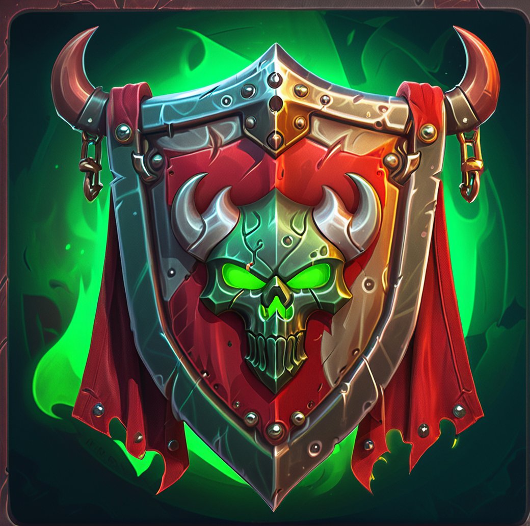 digital game illustration,fantasy,shield,skull,green glow,red cape,metal,horns,brown handles,rivets,sinister,fiery background,high-resolution,detailed texture,digital art,illustration,emblem,dark red tones,gaming icon,glowing eyes,menacing,flag,game asset,,<lora:游戏-000002:0.6>