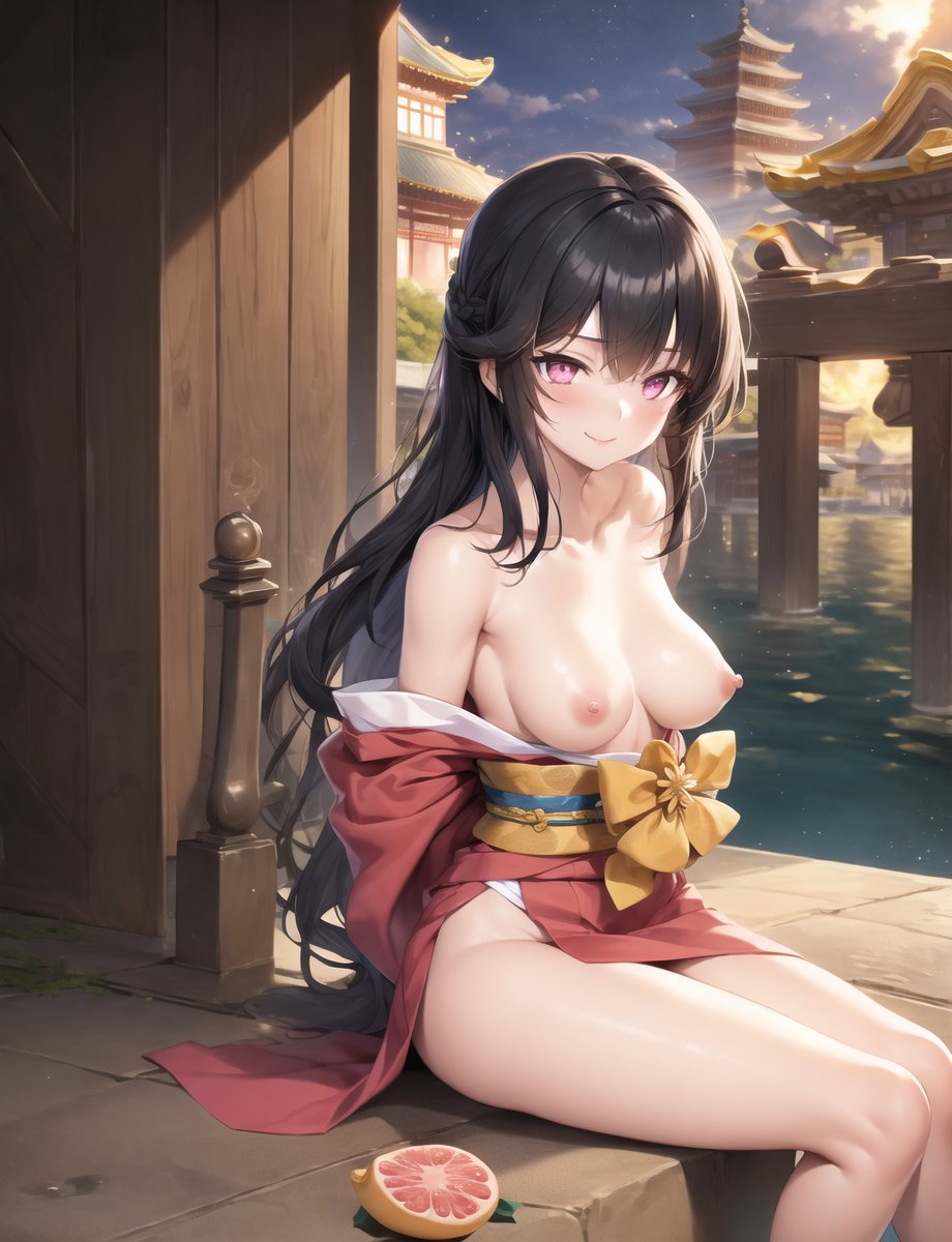 masterpiece, best quality, 1girl, pink eyes, long hair, black hair, (grapefruit), (temple in background), sitting, kimono, medium breasts, topless, light smile, arms behind back, [nipples],