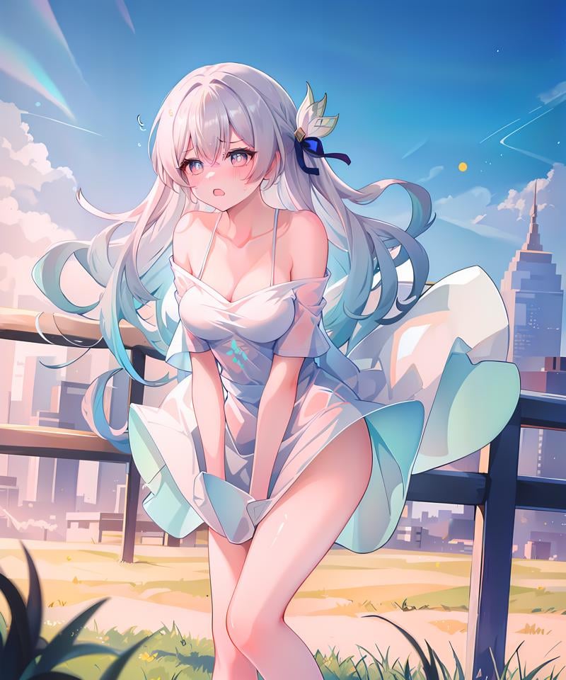 ((masterpiece,best quality)), 1girl, fireflyhsr, off shoulder, oversized t-shirt dress, bare legs, blush, annoyed, marilyntug, wind, grass, blue sky, railing, sweatdrop, leaning forward,