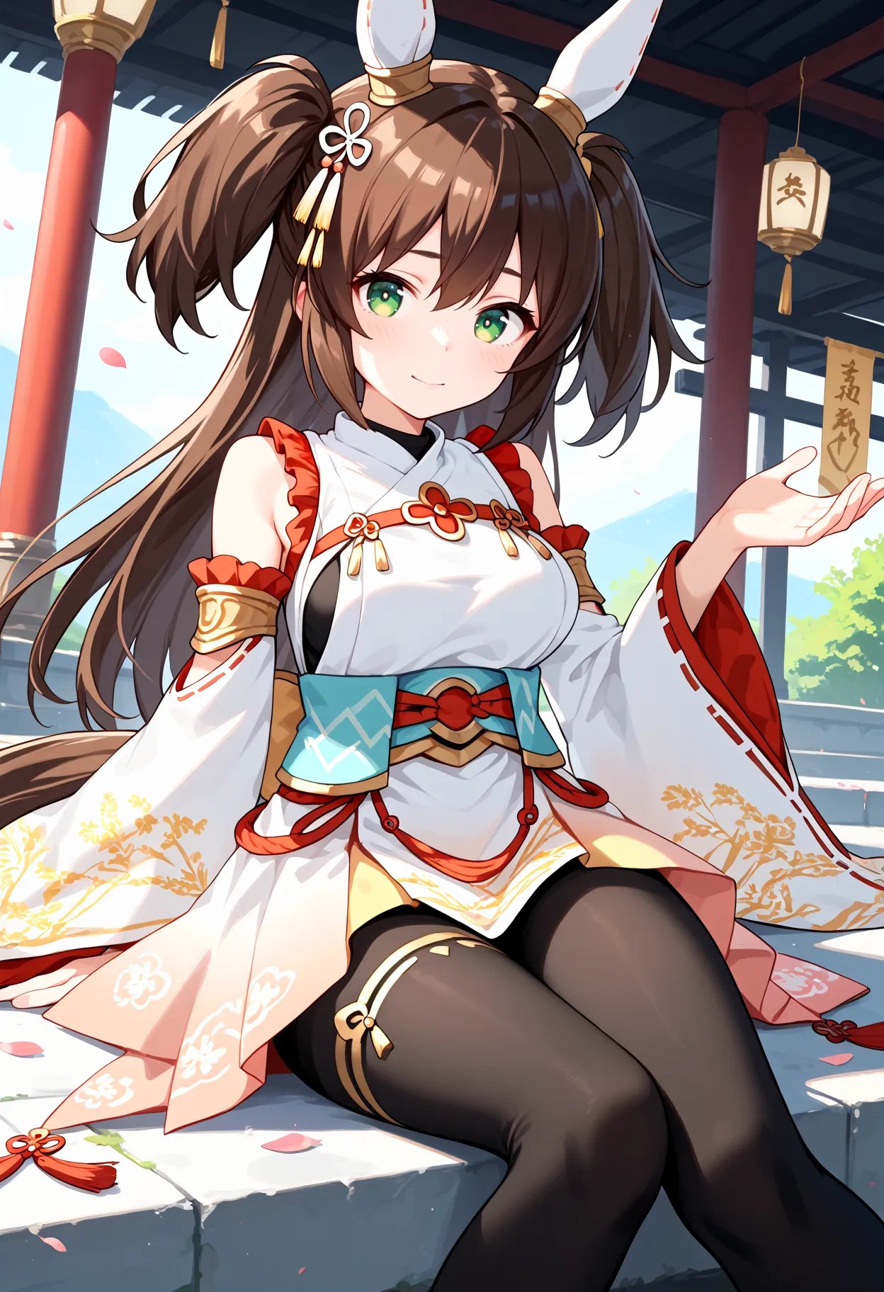 score_9, score_8_up, score_7_up, BREAK, best quality, masterpiece, very aesthetic, ultra detailed,very detailed background,BREAK,,zPDXL3,Inari,Inari_FoG, breasts, horse ears, horse tail, brown hair, bangs, hair between eyes,two side up, green eyes, long hair,hair ornament, official alternate costume, black pantyhose, detached sleeves, wide sleeves,sakura,dutch angle, light smile,sitting,temple<lora:Inari_One-ponyXL:1>