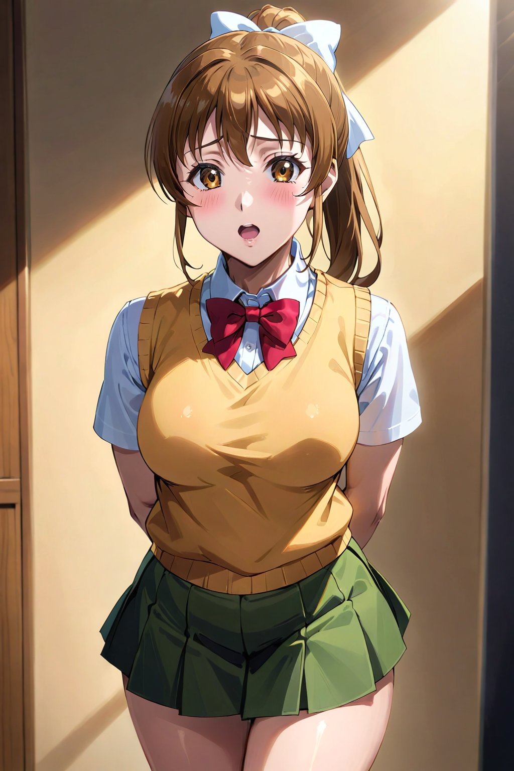 sunohara shizuka, 1girl, solo, skirt, breasts, brown hair, medium breasts, green skirt, brown eyes, , sweater vest, ponytail, bow, long hair, looking at viewer, shirt, pleated skirt, red bow, white shirt, short sleeves, hair bow, bowtie, thighs, collared shirt, blush, miniskirt, red bowtie, white bow, yellow sweater vest, ribbon, parted lips, yellow vest, standing, cowboy shot, open mouth, high ponytail, hair ribbon, hair between eyes, vest, hands behind back, vibrant lighting, high contrast, dramatic shadows, highly detailed, detailed skin, depth of field, masterpiece, best quality, expressive eyes, perfect face, perfect body, beautiful girl, cute girl,<lora:sunohara shizuka blue 2:1>