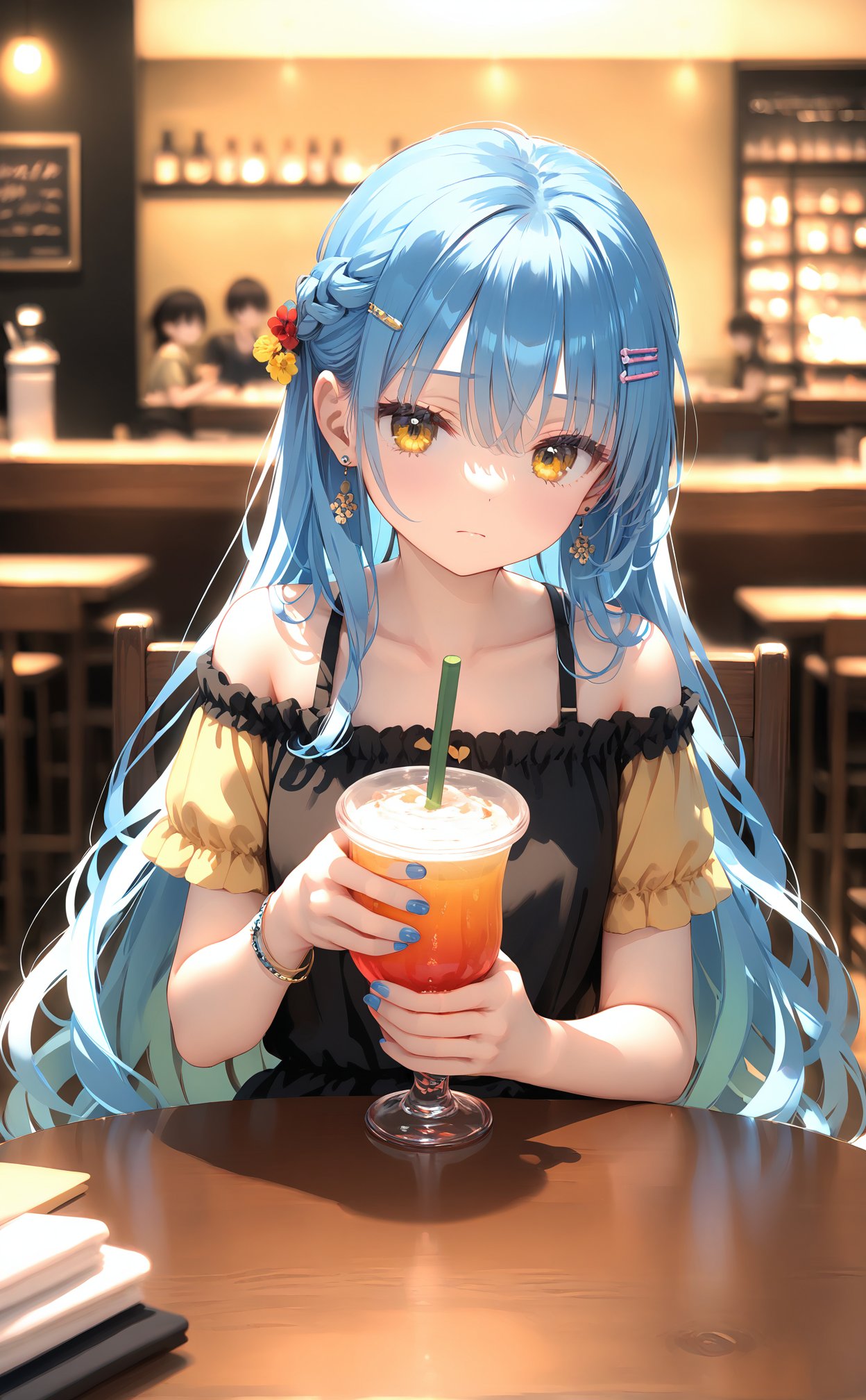 (masterpiece),(best quality),illustration,ultra detailed,hdr,Depth of field,(colorful),(chromatic aberration),Yuzu-Soft Style,hair ornament,cafe,shirt,sitting,long hair,blue nails,drinking straw,closed mouth,yellow eyes,off-shoulder shirt,solo focus,multiple girls,jewelry,holding,indoors,eyelashes,blue hair,collarbone,nail polish,cup,earrings,hairclip,casual,off shoulder,blurry,hair between eyes,straight-on,table,braid,blurry background,looking at viewer,bare shoulders,holding cup,eyes visible through hair,gradient hair,black shirt,frilled shirt,restaurant,frills,multicolored hair,3girls,yellow shirt,fingernails,bracelet,chair,very long hair,drinking glass,frown,1boy,short sleeves,drink,food,sidelocks,wavy hair,plant,