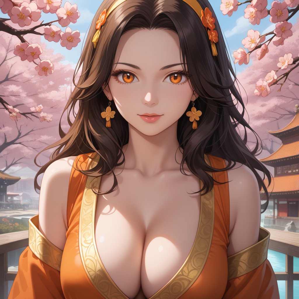 (,1girl, ,best quality, ),,  ,ultra realistic 8k cg,, ,masterpiece, (( , )),, ,      ,  orange blossoms,  (cleavage),,  (), ,,