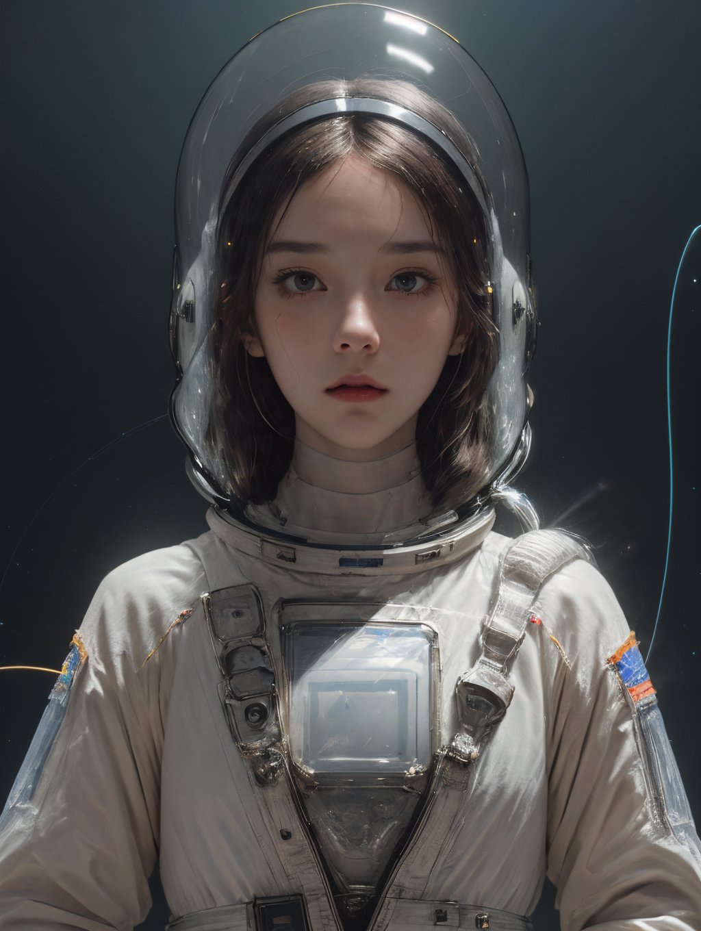 masterpiece, best quality,((Circular glass :1.2)), Astronaut helmet，Glass helmet,1girl, french braid,solo,( mechanization:1.3),(( spacesuit:1.2)), pillarboxed,((Wrapping neon light wires around one's body:1.2)),Technology,Body insertion line,((There is a glass cover on the head:1.2)), <lora:Space suit_20230627175314:0.35> <lora:LanAn_Girlish feeling:0.25>