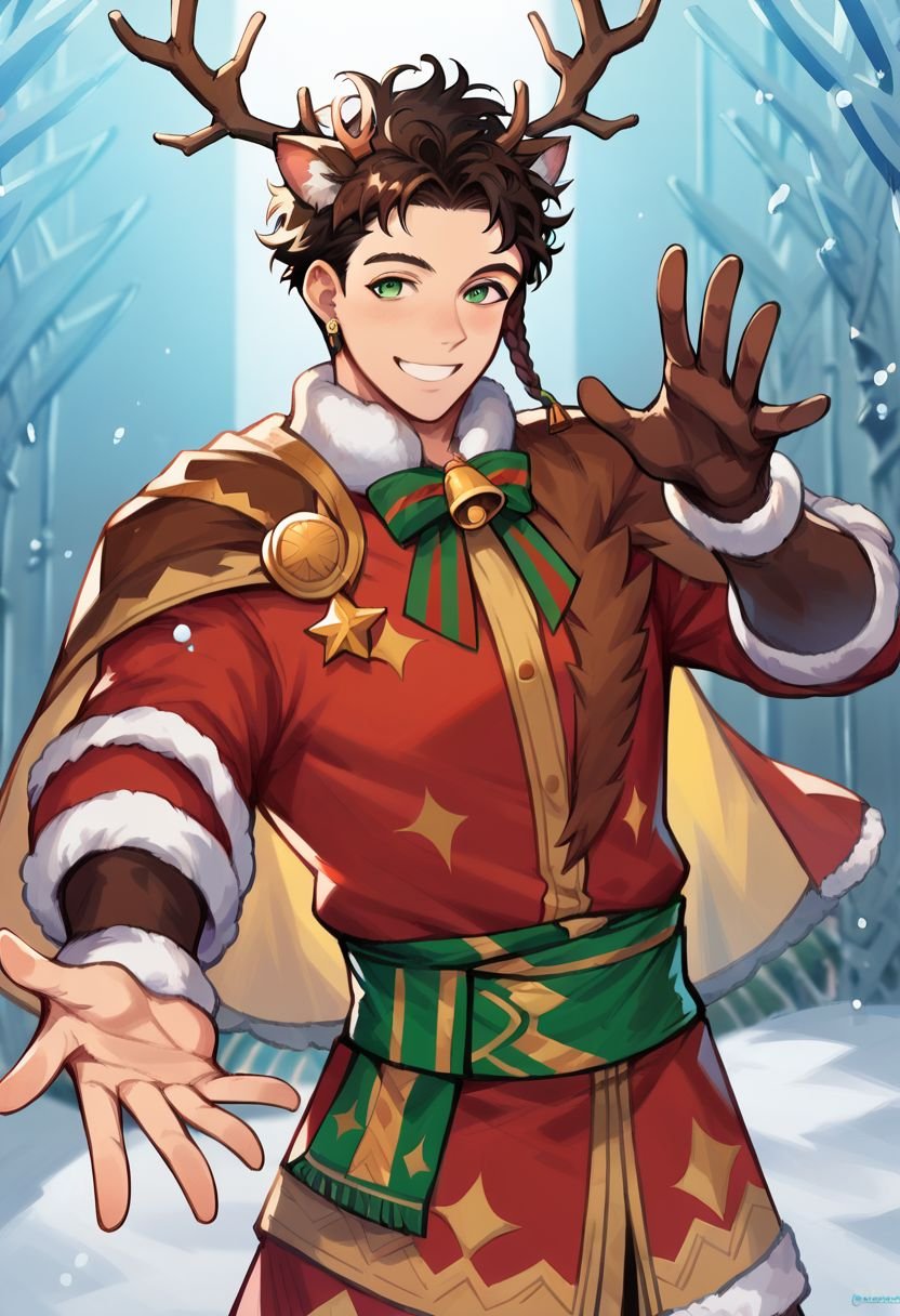 score_9, score_8_up, score_7_up, claudefe, claudewinter, 1boy, solo, brown hair, short hair, curly hair, braid, green eyes, reindeer antlers, animal ears, santa costume, bell, red outfit, smile, reaching hand, portrait, looking at viewer, winter, snow, cowboy shot