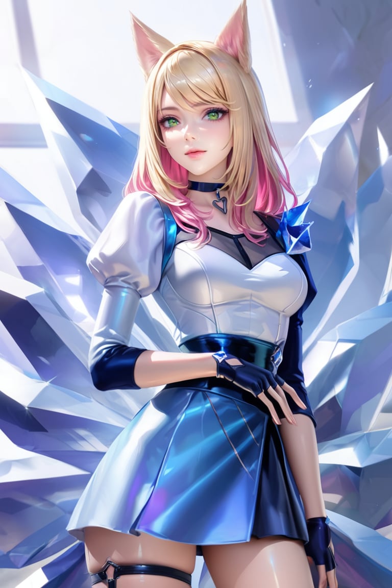 (Masterpiece), mature, HDR,UHD,8K, best quality, Highly detailed, physically-based rendering, extreme detail description, perfect skin, shiny skin, shiny hair,perfect face, 1girl, AllOut, asymmetrical_clothing, blonde hair, blue eyes, pink hair, long sleeve, glove, fingerless glove, thighstrap, mticolored hair, mini skirt, thighs, facial mark, animal ears, tail, multiple tails, crytal, choker,Ahri, blue skirt, white top.<lora:EMS-408948-EMS:0.800000>, <lora:EMS-335737-EMS:0.100000>, <lora:EMS-388761-EMS:0.100000>