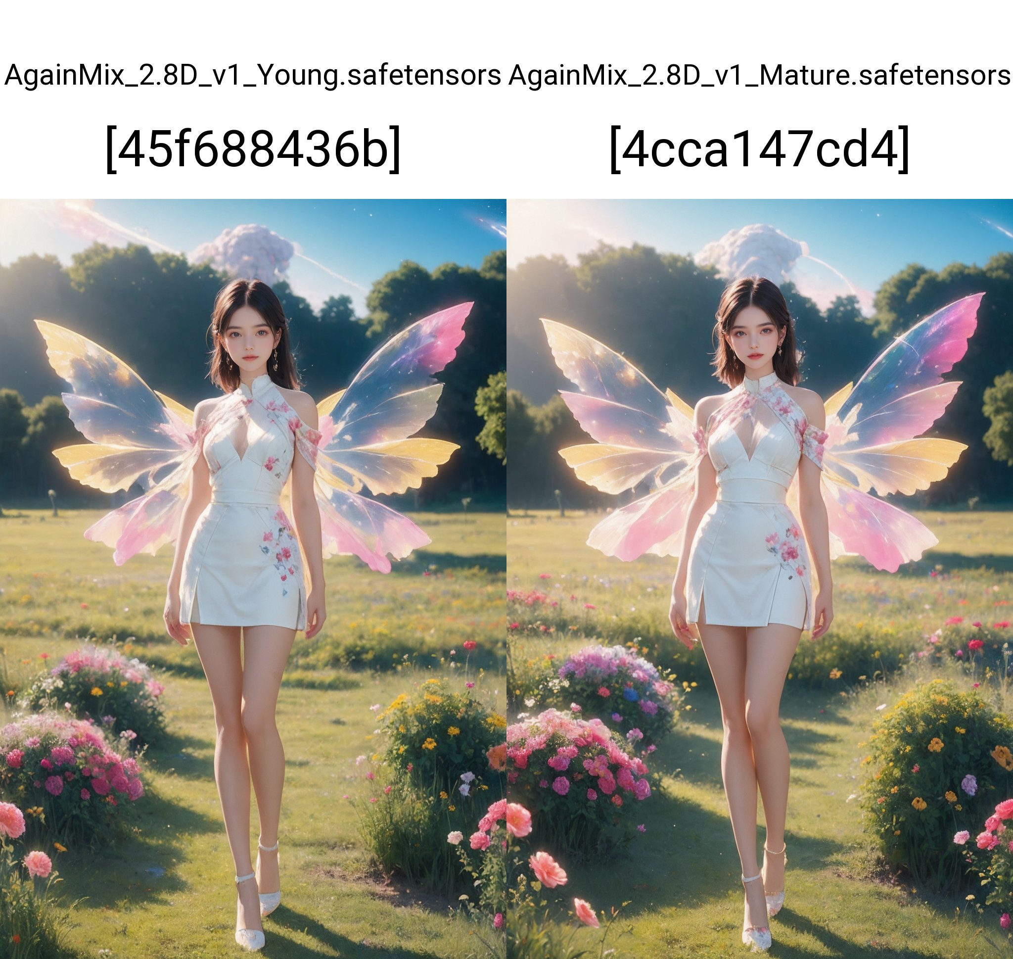 1girl,(portrait:1.4),white dress,short skirt,(very long legs:1.1),nebula,(painted clothes:1.3),standing,(transparent wings:1.3),high heels,lake,flowers,flowers meadows,grasslands,day,sunny sky,outdoors, <lora:Again_Style_2:0.8>