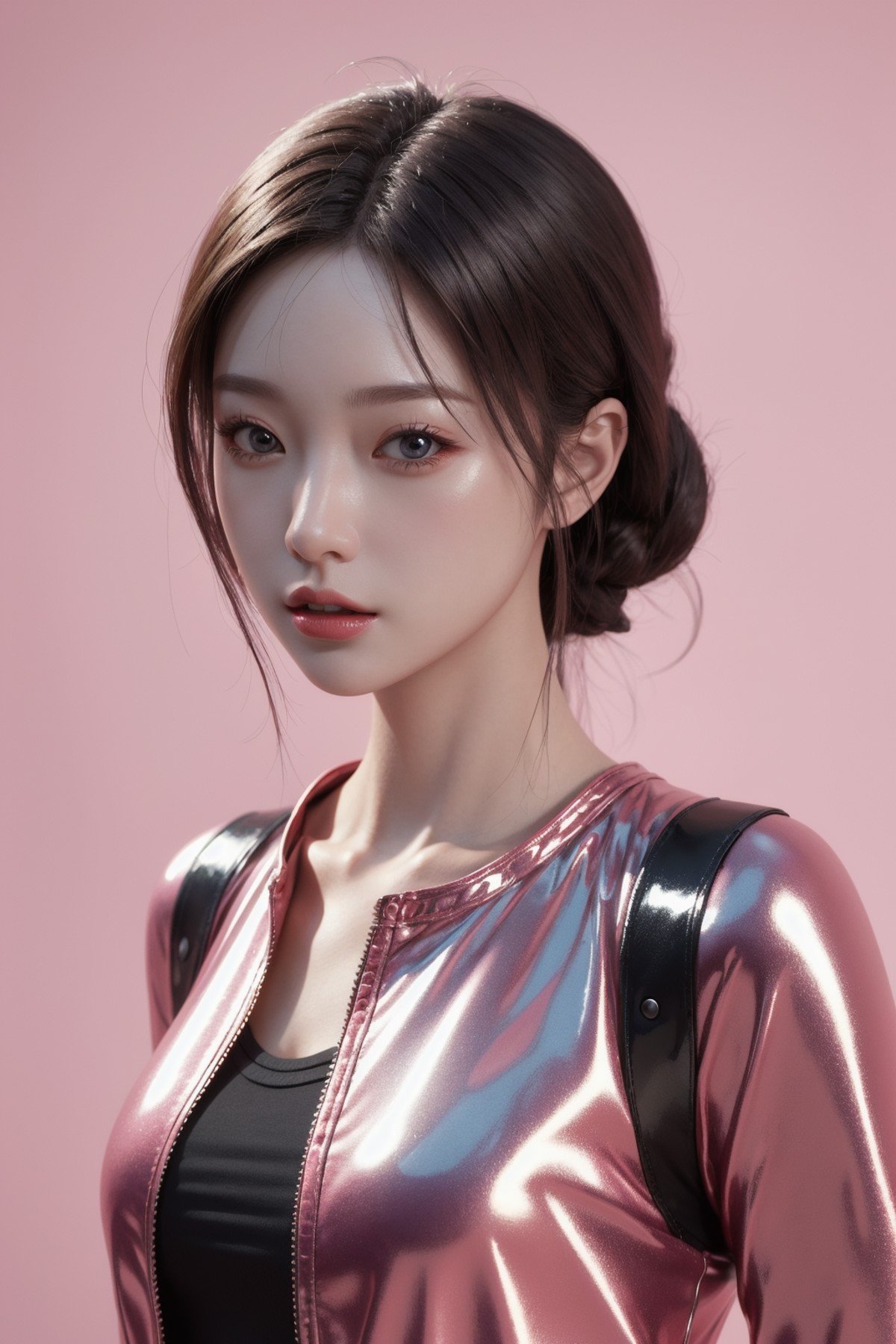 Cartoon girl, pink background, vray tracking style, shiny/glossy, ue5, hallyu, bold character design, realistic impression, 8k