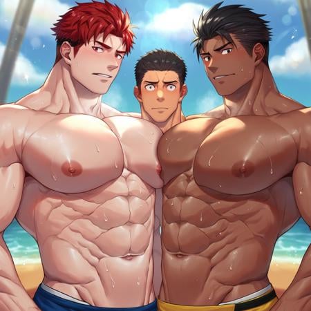 <lora:muqsf01_01:1:lbw=out012> 3boys, side view, pectoral docking, touching pectorals, topless male, embarrassed, large pectorals, looking at you, sweat, big pecs, score_9, score_8_up, score_7_up, score_6_up, score_5_up, score_4_up BREAK (abs:1.0), (bara:1.0), (bare pectorals:1.0), (biceps:1.0), (black hair:1.0), (blush:1.0), (couple:1.0), (dark-skinned male:1.0), (dark skin:1.0), (eye contact:1.0), (face-to-face:1.0), (large pectorals:1.0), (male focus:1.0), (multiple boys:1.0), (muscular:1.0), (muscular male:1.0), (navel:1.0), (nipples:1.0), (pectoral press:1.0), (pectorals:1.0), (red hair:1.0), (short hair:1.0), (stomach:1.0), (sweat:1.0), (take your pick:1.0), (threesome:1.0), (topless male:1.0), (upper body:1.0), (veins:1.0), (yaoi:1.0),