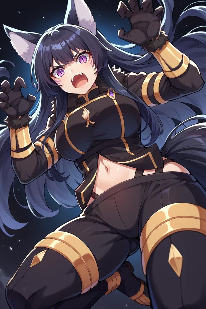 score_9, score_8_up, score_7_up, score_6_up, source_anime, 1girl, solo,  <lora:delta-pdxl-nvwls-v1-000005:1> delta, black hair, long hair, facial mark, wolf ears, black bodysuit, long sleeves, cleavage cutout, gold trim, navel, black pants, black gloves, fur trim, tail, jumping, claw pose, attacking, open mouth, fangs, serious, looking at you, from below, night, black background, forced perspective, 