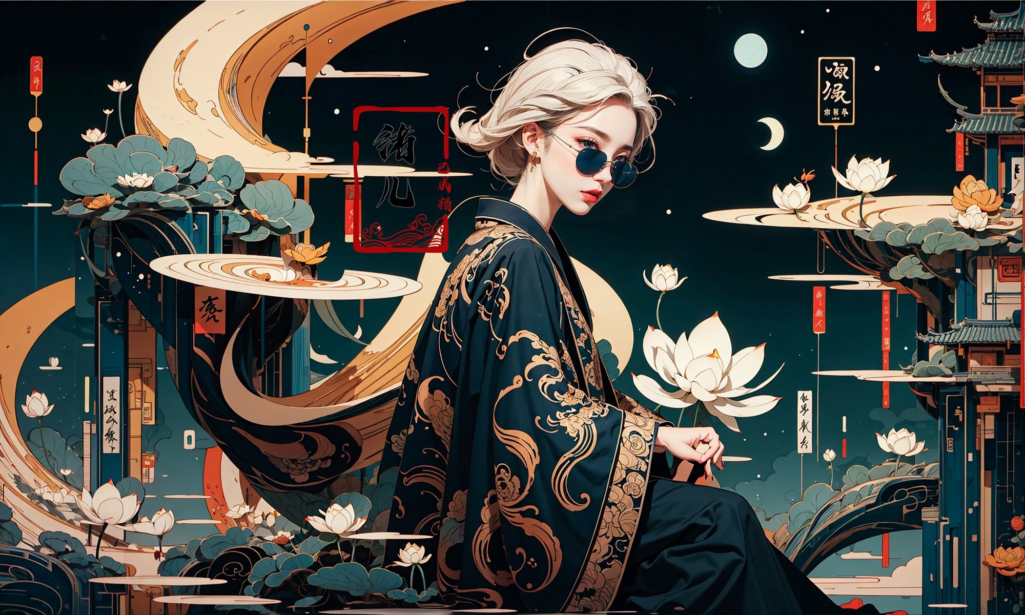 illustrations,guochao，Dark blue background，Calligraphy, Golden line，<lora:guochao_20231107061426:0.8>