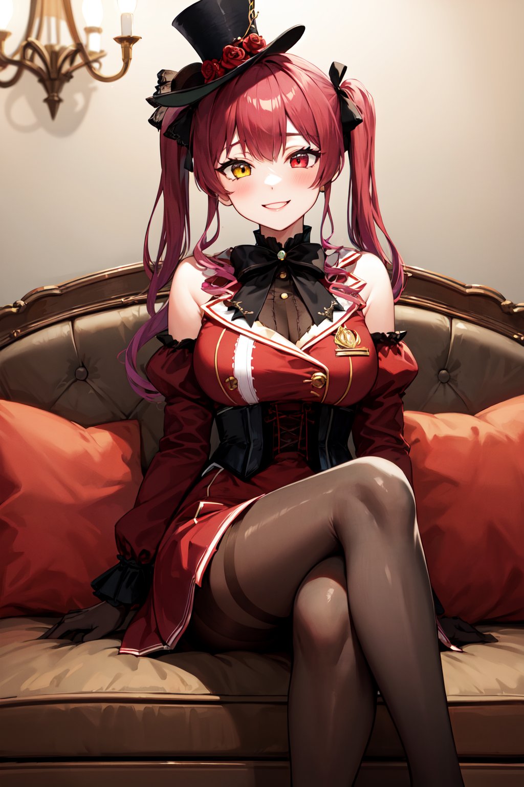 masterpiece, best quality, highres, ddmarine, twintails, drill hair, top hat, hat flower, heterochromia, black bowtie, underbust, bare shoulders, frills, black ribbon, red dress, detached sleeves, red sleeves, long sleeves, corset, black gloves, pantyhose, <lora:houshou_marine_v1:0.7>, sitting, sofa, indoors, chandelier, crossed legs, smile,