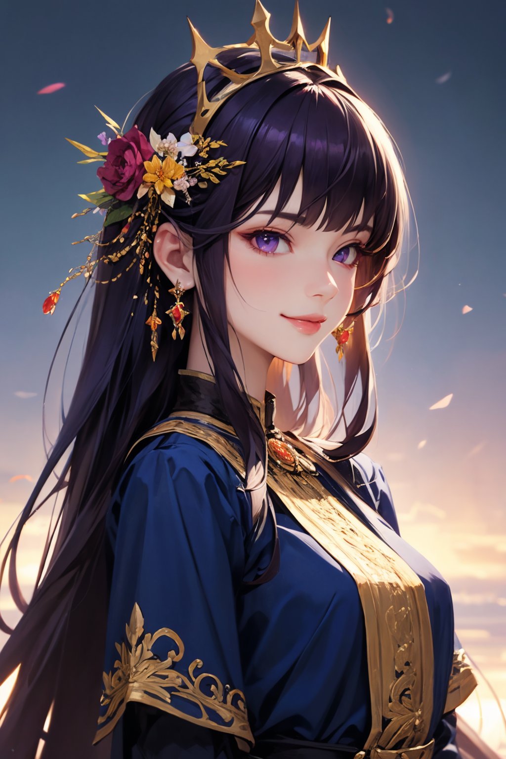 (masterpiece, best quality), intricate details, beautiful girl, purple hair, blunt bangs, light purple eyes, sharp jawline, Fairy queen crowns with cascading flowers, long hair, lips, upper body, smirk