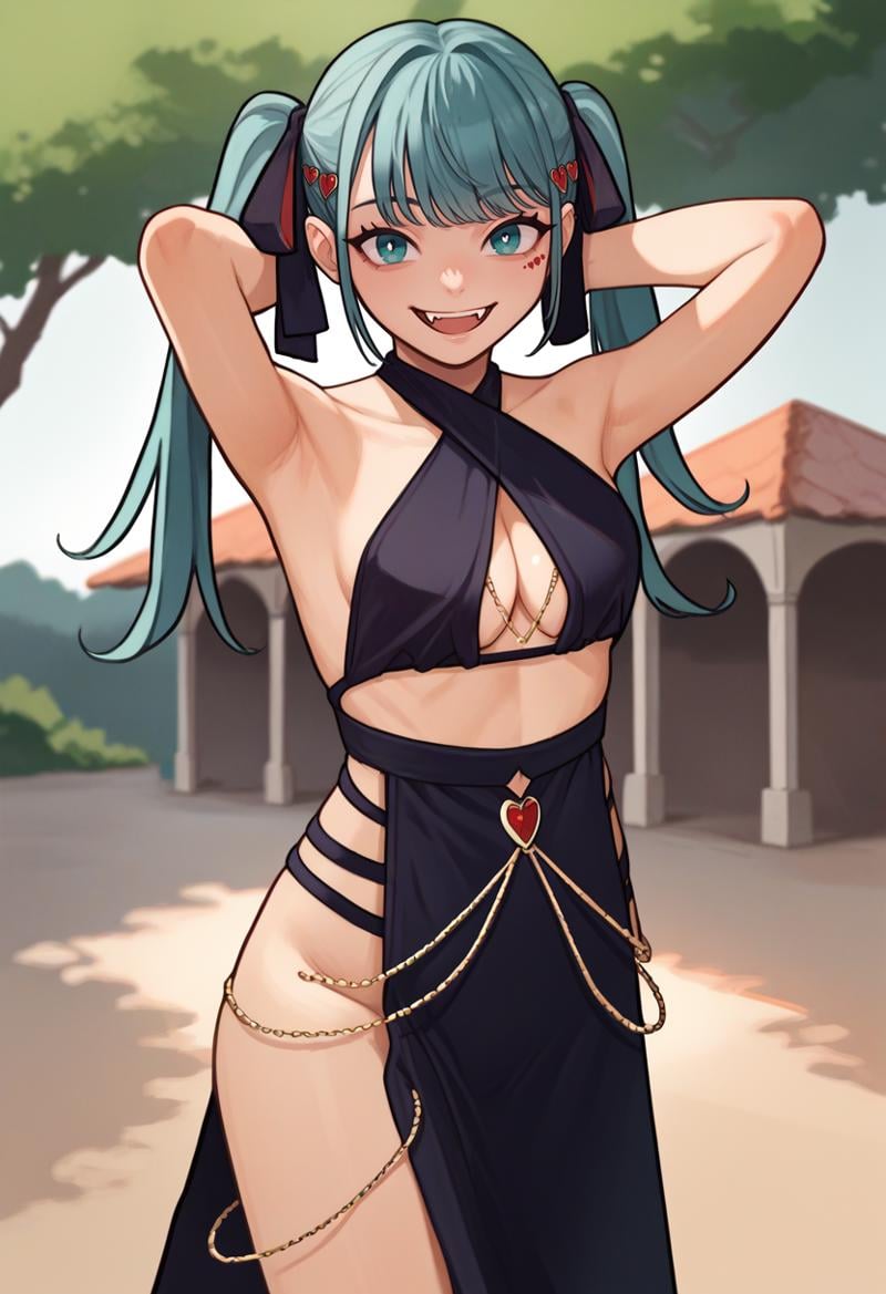 score_9, score_8_up, score_7_up, source_anime, solo, 1girl, vampiremiku, heart facial mark, fangs, smile, looking at viewer, standing, arms behind head, aqua hair, twintails, heart hair ornament, hair ribbon, black ribbon, aqua eyes, yomorio, halterneck, criss-cross halter, pelvic curtain, bare shoulders, cleavage, outdoors <lora:vocaloid_vampiremiku_ponyXL:1> <lora:attire_yomorio_ponyXL:1>