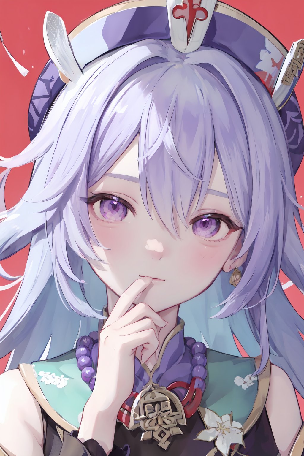 1girl, qiqi (genshin impact), hat, purple hair, jewelry, hair ornament, beads, bead necklace, qing guanmao, ofuda, solo focus, necklace, coin hair ornament, bangs, purple headwear, jiangshi, pink eyes, purple eyes, looking at viewer, hand on another's face, simple background, pov hands, closed mouth, portrait, pov<lora:to-vv2-tga-000060:0.5>,to-style,beautiful eyes,