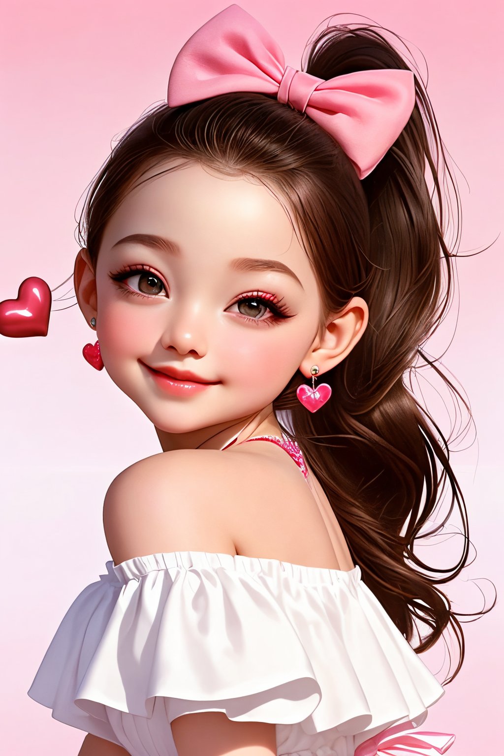 <lora:cka01:0.8>,cka01,1girl,jewelry,solo,earrings,bow,heart,hair bow,necklace,pink bow,brown hair,heart earrings,looking at viewer,pink background,lips,heart necklace,long hair,bare shoulders,upper body,black eyes,dress,eyelashes,gradient background,ponytail,simple background,forehead,off shoulder,gradient,realistic,white dress,smile,