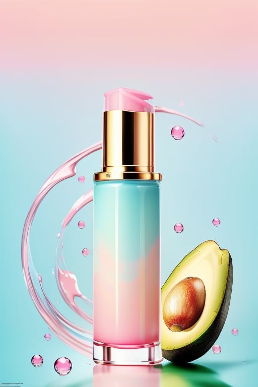 (masterpiece, top quality, best quality, official art, beautiful and aesthetic:1.2),cosmetics,light blue and pink theme,avocado,pick,gradient abstract background,bubble,water drop,advanced poster,star,glowing,