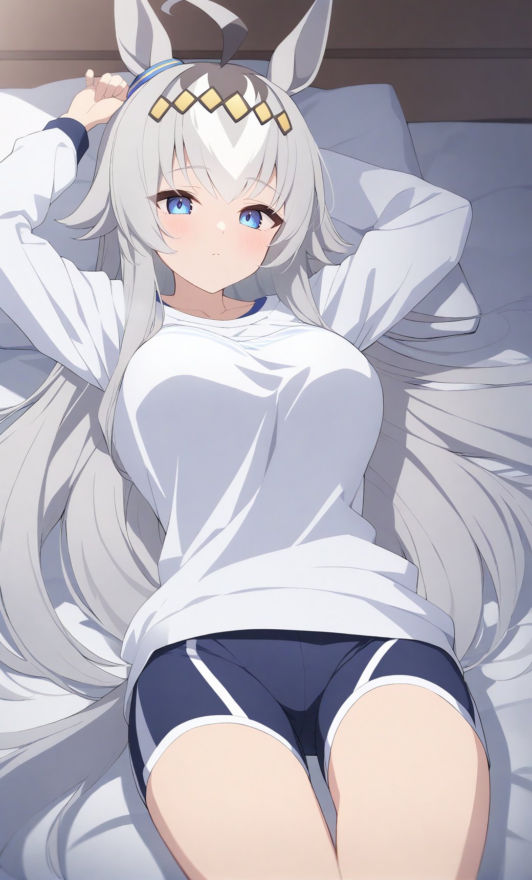 oguri_cap_(umamusume) 1girl  ahoge  animal_ears  bed  bike_shorts  blue_eyes  breasts  closed_mouth  cowboy_shot  ear_ornament  grey_hair  hair_ornament  horse_ears  horse_girl  large_breasts  long_hair  long_sleeves  looking_at_viewer  lying  multicolored_hair  on_back  on_bed  pillow  shirt  short_shorts  shorts  solo  streaked_hair  white_shirt flat_coating clear_color highres absurdres best_quality 