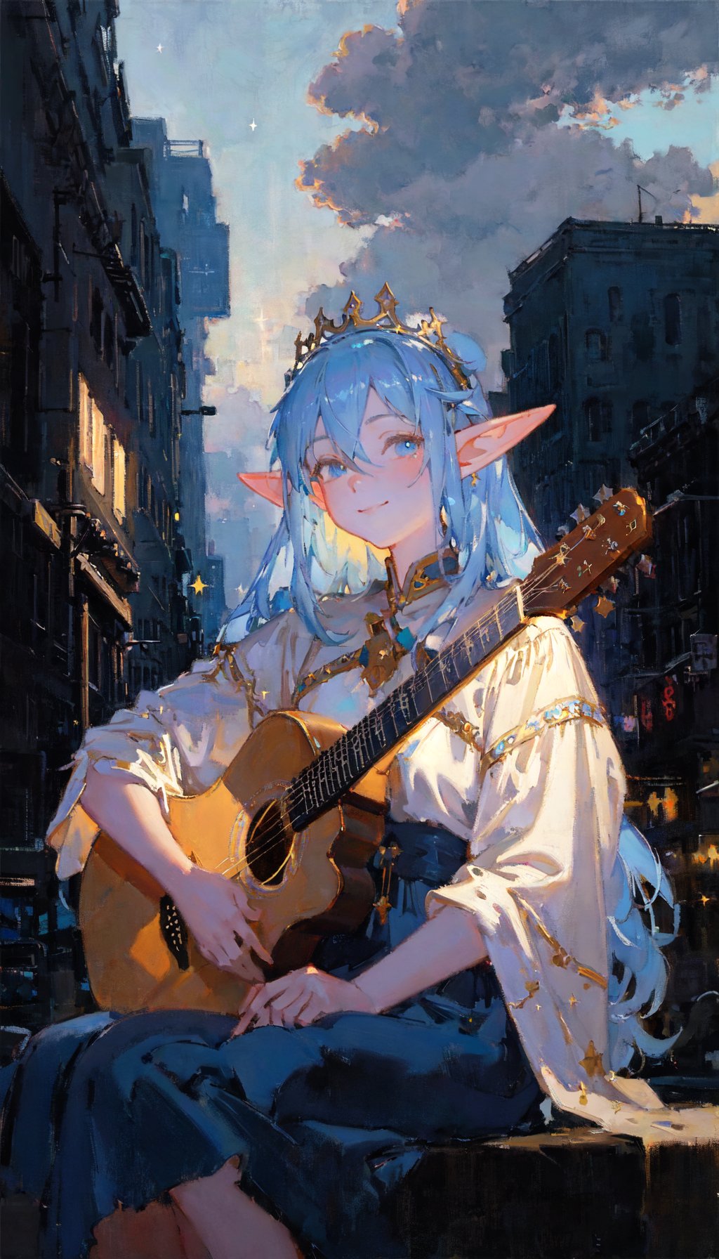 masterpiece, best quality, beautiful oil painting illustration, the cloud elf queen busks on the streets of new york, casual, sitting, playing guitar, portrait, dark moody lighting, night sky, night, starry sky, glittering, sparkle, dark, (smile:0.8)
