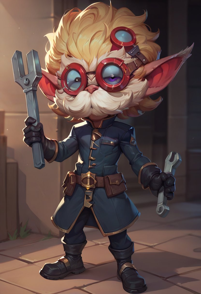 score_9, score_8_up, score_7_up, score_6_up, h3im3rding3r, 1boy, male focus, yordle, blonde hair, pointy ears, mustache, belt, pants, black gloves, gloves, black footwear, <lora:Heimerdinger_Default_v1:0.7>, solo, looking at viewer, goggles, excited, holding wrench