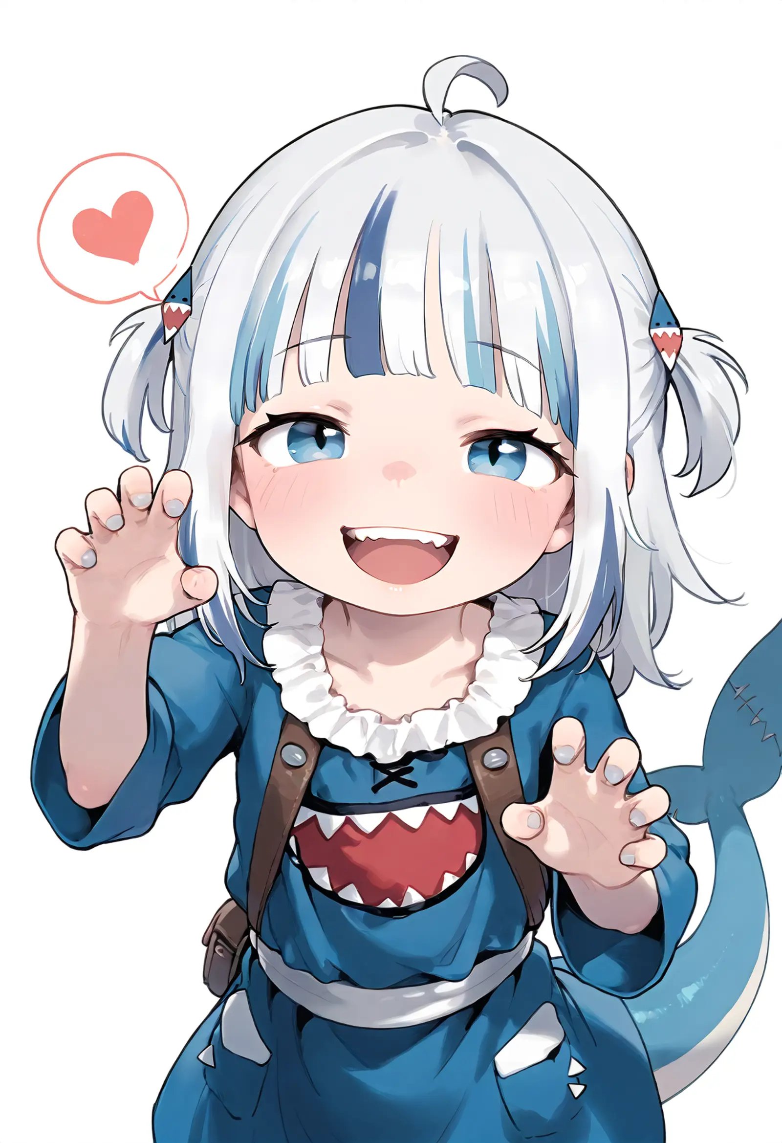 score_9,dynamic pose, 1girl, pitm, ahoge, looking at viewer, smile, upper body, smile, claw pose, from above, narrowed eyes, spoken heart, shark tail, simple background, blush, open mouth, 