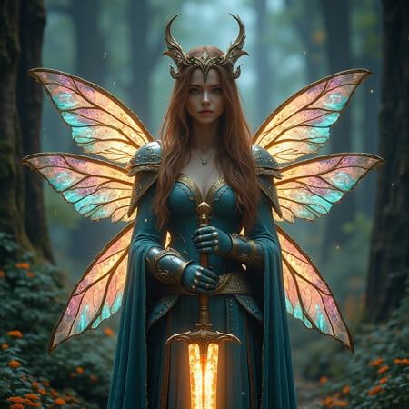 cinematic shot of a beautiful magical fairy, beautiful face details and long hair, holding a magical glowing sword in front of her, colorful magical fairy wings on her back, magical forest in background, hkstyle, super realistic, style of epic cinematic, amazing quality