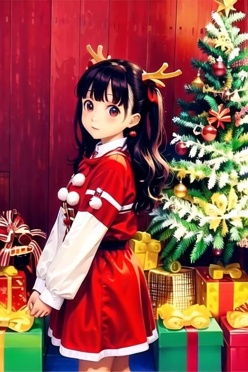 (masterpiece:1.2), best quality, masterpiece, highres, original,perfect light, 4k,8k,1girl, antlers, black hair, brown eyes, brown hair, candy cane, christmas, christmas lights, christmas ornaments, christmas tree, earrings, gift, gift box, holly, jewelry, lantern, lips, lipstick, long hair, long sleeves, looking at viewer, merry christmas, paper lantern, parted lips, realistic, red background, red moon, red theme, santa costume, santa hat, sleeves past wrists, snow, snowing, solo, star \(sky\), torii,<lora:christmas_real-000014:0.8>