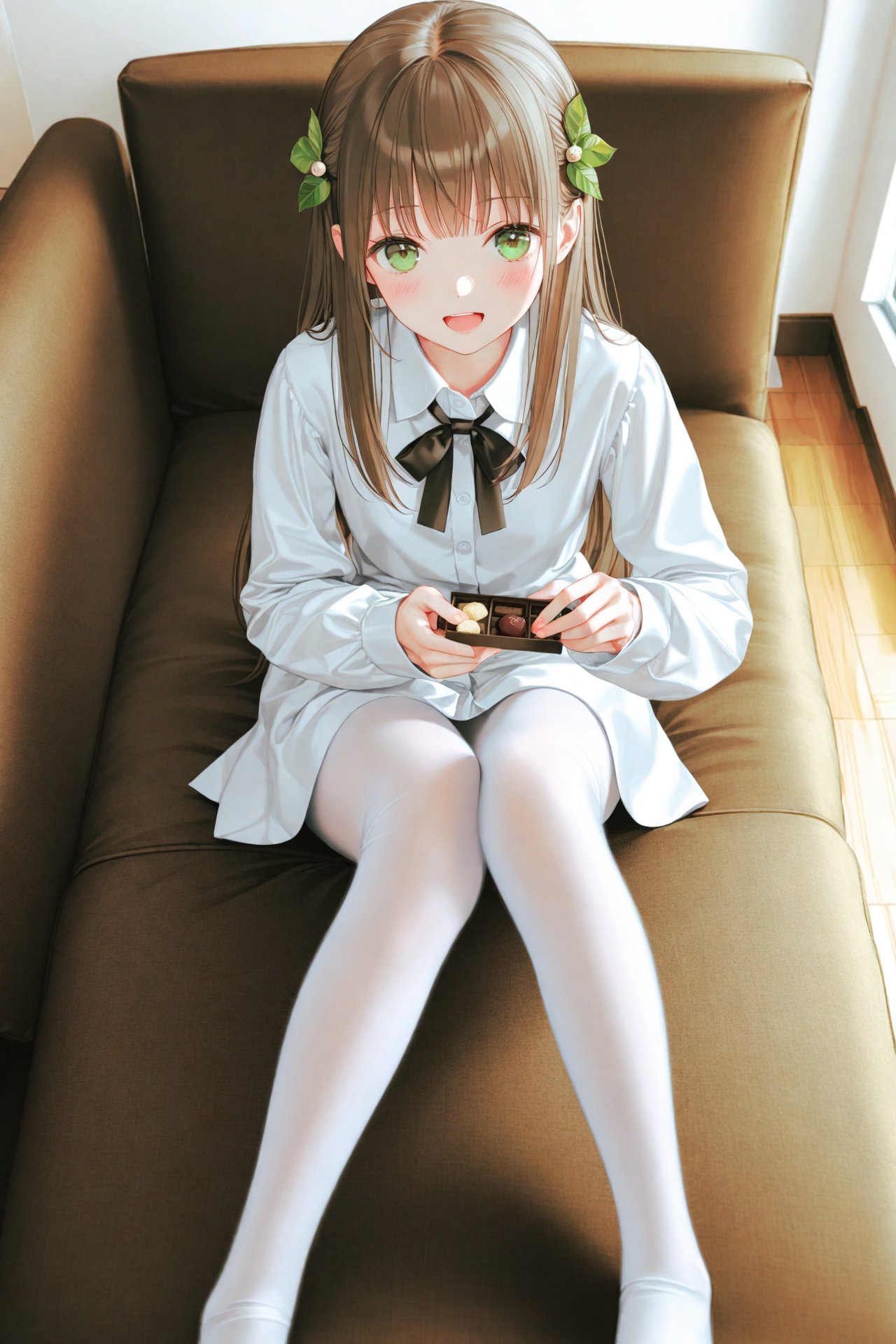 masterpiece,best quality,illustration,ultra detailed,hdr,Depth of field,(colorful),[iumu],[Artist chen bin],Artist himitsu_(hi_mi_tsu_2),1girl,solo,hair_ornament,pantyhose,sitting,long_hair,green_eyes,looking_at_viewer,brown_hair,dress,open_mouth,shirt,white_shirt,white_pantyhose,indoors,no_shoes,blush,long_sleeves,bangs,chocolate,bow,leaf_hair_ornament,couch,box,food,holding,valentine,dated,from_above,breasts,smile,collared_shirt,