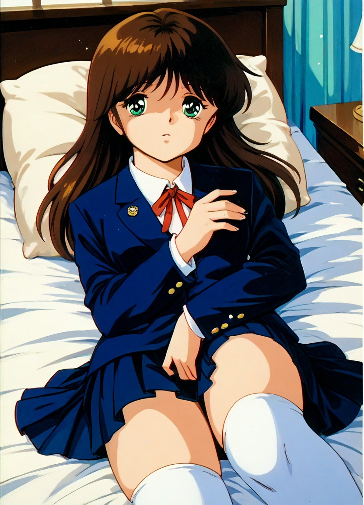 score_9, score_8_up, score_7_up, masterpiece, best quality, very aesthetic, absurdres, official art, official style, anime screencap, megami magazine, zPDXL2, zPDXLxxx, rating_safe, sfw, 1980s \(style\), retro artstyle <lora:Cream Lemon Nonomura Ami Pony v1_epoch_10:1.0>, 1girl, solo focus, cream_ami, (medium breasts:1.2), green eyes, BREAK, brown hair, bangs, BREAK, school uniform, blazer, BREAK, neck ribbon, red ribbon, BREAK, white legwear, BREAK, <lora:neg4all_bdsqlsz_xl_V91:1.0> <lora:ALTXL_pony_0061_8:2.0>, <lora:Difference_SaturationEbaraPonyCoolTemperatureV2_1e04:1.0>, bedroom, bed sheet, pillow, dim lighting, light particles, detailed background, detailed background,