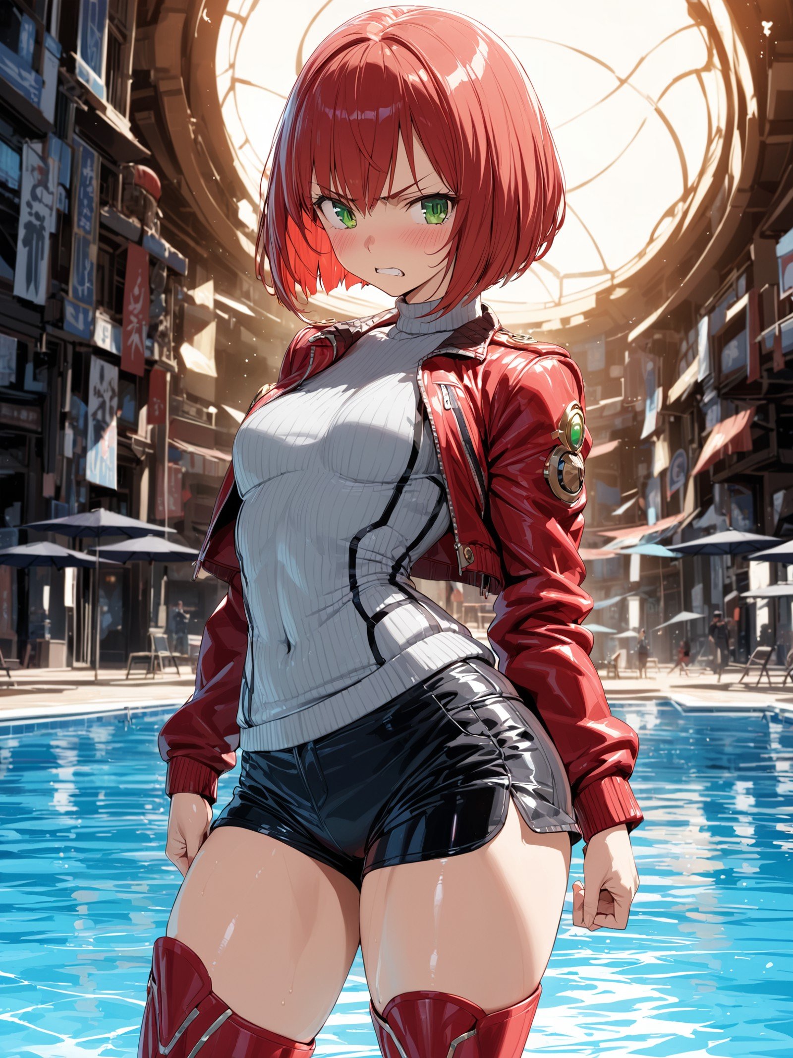 one girl,solo,high stature,Early twenties,((green eyes,scarlet hair,reproachful eyes)),muscle girl,((blunt hair,very short hair,cut hair,bob cut)),large thighs,flat chest,god mars,no eye highlights,(boyish,muscular),((crimson riders jacket,grey crew neck sweater,black riding short pants)),scarlet thigh boots,(angry,abandonment face,blush),shiny skin,high resolution,(from side,wide hips)(poolside background),sense of depth,4k,absurdres,dynamic angle,best quality,masterpiece,Detailed illustration,Destructive art,opulent,insanely detailed,ultra-highres, ultra-detailed,ultra detailed eyes,(Ray Tracing,Illustrated,Reflected Light),