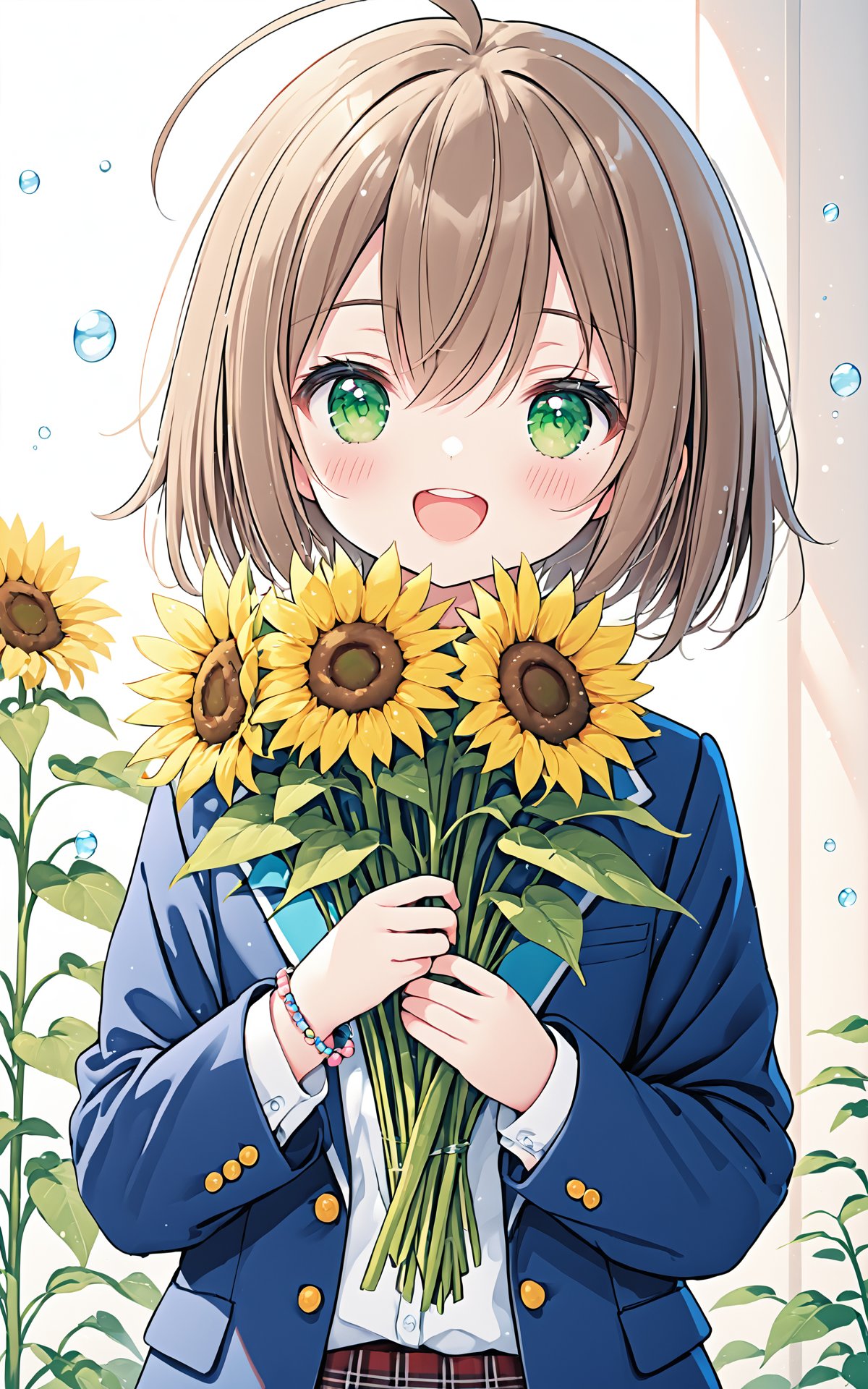 (masterpiece), (best quality), loli,1girl, flower, sunflower, virtual youtuber, green eyes, solo, hair flower, hair ornament, ahoge, smile, yellow flower, jacket, open mouth, sunflower hair ornament, shirt, bangs, looking at viewer, white shirt, holding, :d, upper teeth only, collared shirt, bow, brown hair, blue jacket, skirt, bubble, long sleeves, teeth, red bow, plaid, plaid skirt, blush, blazer, school uniform, bouquet, upper body, hair between eyes, bracelet, bowtie, pleated skirt, object hug, jewelry, short hair, red bowtie