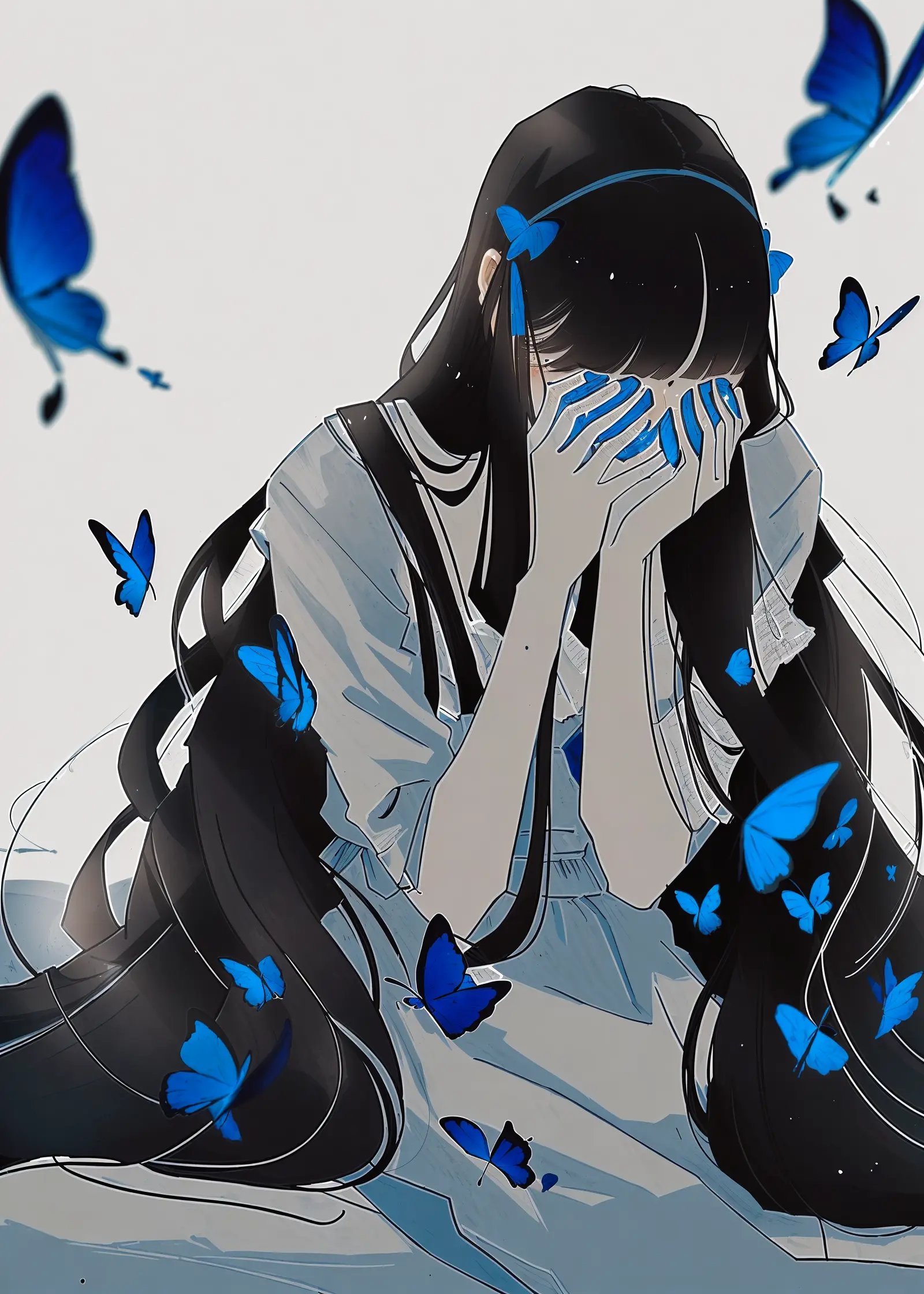 by ajimita, butterfly, bug, blue butterfly, blue flower, 1girl, long hair, solo, black hair, blue rose, blue ribbon