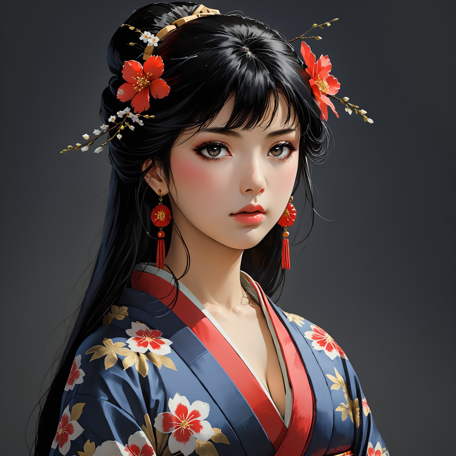 cinematic film still nodf_xl, high quality, 1girl, solo, sexy, breast, cleavage, portrait, , long hair, looking at viewer, bangs, black hair, hair ornament, closed mouth, upper body, japanese clothes, hair flower, kimono, grey background, black eyes, lips, sash, <lora:nodf_xl:1> . shallow depth of field, vignette, highly detailed, high budget, bokeh, cinemascope, moody, epic, gorgeous, film grain, grainy