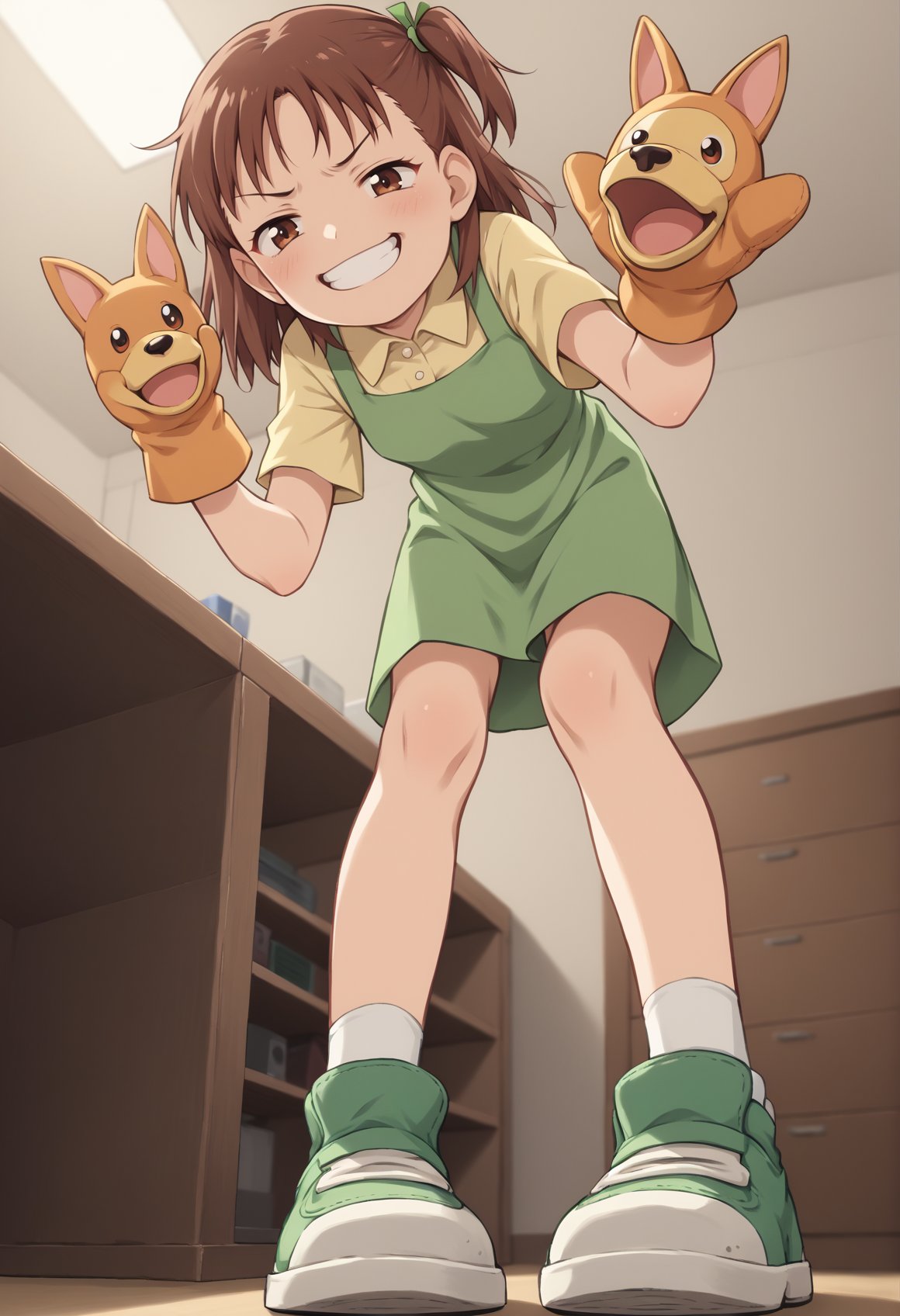 1girl, juri, long hair, brown hair, one_side_up, brown eyes, two-tone dress, green dress, short sleeves, puppet, green footwear, bent over, hand puppet, mesugaki, smug, teeth, from below, indoors, bedroom <lora:RukiJuri:1>, score_9, score_8_up, score_7_up, score_6_up, score_5_up, score_4_up, BREAK source_anime, masterpiece