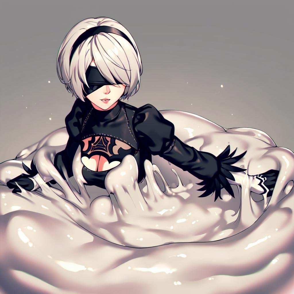 yorha2b, 2b_outfit,type2b,black_blindfold,black_hairband,black_dress,cleavage_cutout,feather-trimmed_sleeves,white_hair, covered_nipples,<lora:type2B_XL_0_:1>,(nianye,slime \(substance\),vore:1.1), <lora:nianye:1.1>,masterpiece,best quality,bsdm,score_9,score_8_up,score_7_up,score_6_up,score_5_up,score_4_up,source_anime,BREAK, 