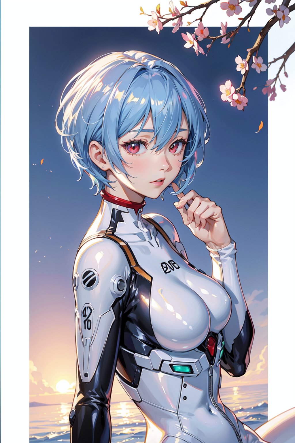 <lora:Rei-000011:0.6>,Rei CYQL,1girl,looking at viewer,solo,blue hair,red eyes,hair between eyes,medium breasts,(Rei 00,short hair,hair between eyes,white bodysuit,plugsuit,interface headset,bodysuit,two-tone sleeves),(Tsundere:1.2),beautiful face,beautiful eyes,glossy skin,shiny skin,(upper_body,from_side,sitting:1.2),arms at sides,Tranquil riverbank, Fishing, Dusk, Fishing rod, Peacefulness, Nature sounds,Cherry blossoms, Paper lanterns, Picnic setup, Moonlight, Romantic ambiance,beautiful detailed sky,beautiful detailed glow,(English text:1.3),(border:1.5),posing in front of a colorful and dynamic background,(masterpiece, best quality, beautiful and aesthetic:1.3),contrapposto,female focus,fine fabric emphasis,wallpaper,fashion,Lipstick,depth of field,intricate_detail,finely_detailed,fine_fabric_emphasis,(glossy),<lora:增强减少细节add_detail:0.3>,