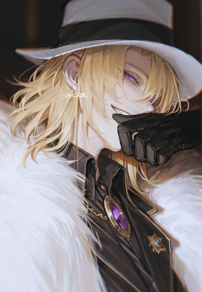 (best quality), ((masterpiece)), (highres), illustration, original, extremely detailed,   <lora:邪恶美学:0.7>1boy, male focus, blonde hair, virtual youtuber, hat, solo, purple eyes, gloves, black gloves, looking at viewer, smile, jewelry, fedora, shirt, medium hair, white headwear, bishounen, fur trim, bangs, collared shirt, upper body, coat, black shirt