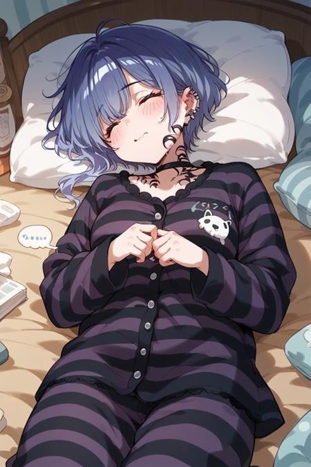 score_9, score_8_up, score_7_up, score_6_up, 1girl, solo,<lora:Sophia:0.9> sophia, piercing, striped dark pajamas, sleepy, sleep,