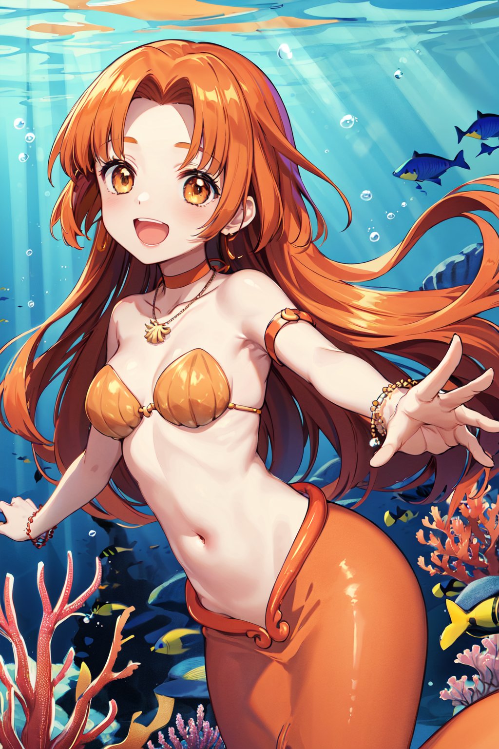 masterpiece, best quality, highres, 1girl, solo, long hair, orange hair, parted bangs, brown eyes, mermaid, choker, necklace, strapless, shell bikini, jewelry, bracelet, armlet, midriff, <lora:seira_v1:0.7>, underwater, reaching out, smile, open mouth, 