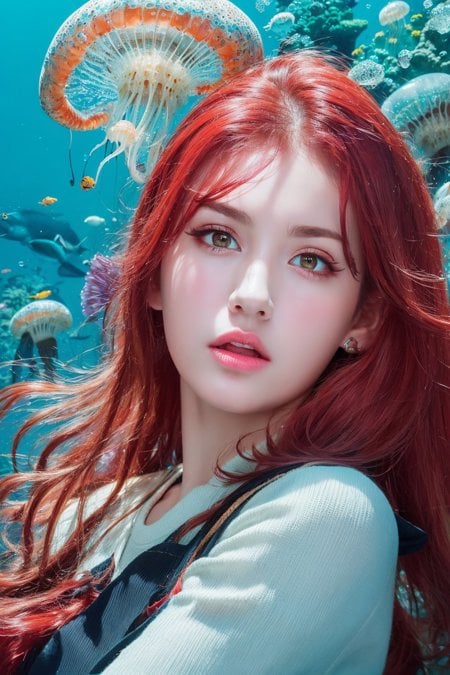 (masterpiece, top quality, best quality, official art, beautiful and aesthetic:1.2), (1girl), (perfect face:1.3), ((red long hair)), extreme detailed eyes, colorful, highest detailed, (mermaid), (detailed fish), (glowing jellyfish, shining jellyfish:1.2), (bubbles:1.2), seaweed, (under the sea), water streaks, vibrant colors, high contrast  <lyco:somi_v2019:1>, 