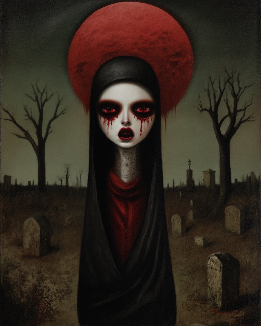 old oil painting of a gothic woman, a skinny, bloody eyes, bloody moon, evil facial expression, abandoned graveyard in background, surreal, lowbrow art style ,<lora:LowBrowF1D:1>