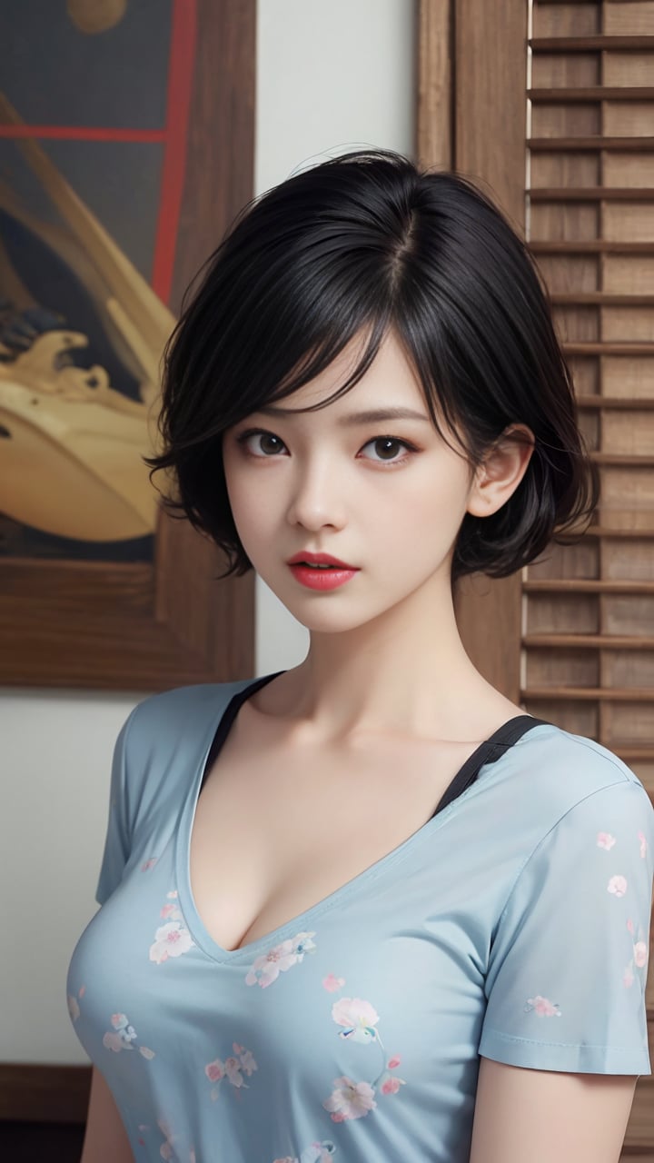 1girl,black_hair,breasts,floral_print,lips,looking_at_viewer,medium_breasts,photo_\(medium\),realistic,shirt,short_hair,short_sleeves,signature,solo,stuffed_toy,upper_body,