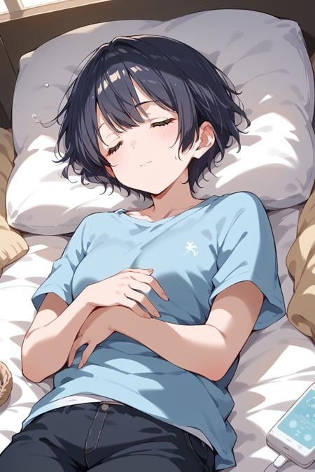 score_9, score_8_up, score_7_up, score_6_up, 1girl,<lora:Miyake_Aoi:0.9> aoi, short hair, casual, sleep, sleepy,