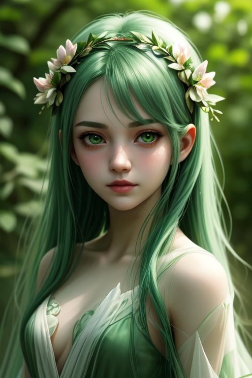 portrait, solo, upper body, looking at viewer, detailed background, detailed face, 1girl, nymph, ethereal, nature-inspired, almond-shaped face shape, emerald eye color, cascading green hair, leafy attire, floral crown, serene expression, mystical feeling of the image.