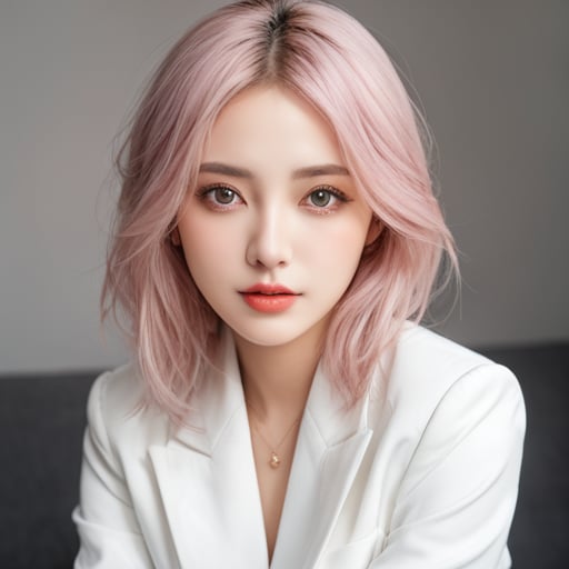 1 girl, light pink hair, white suit